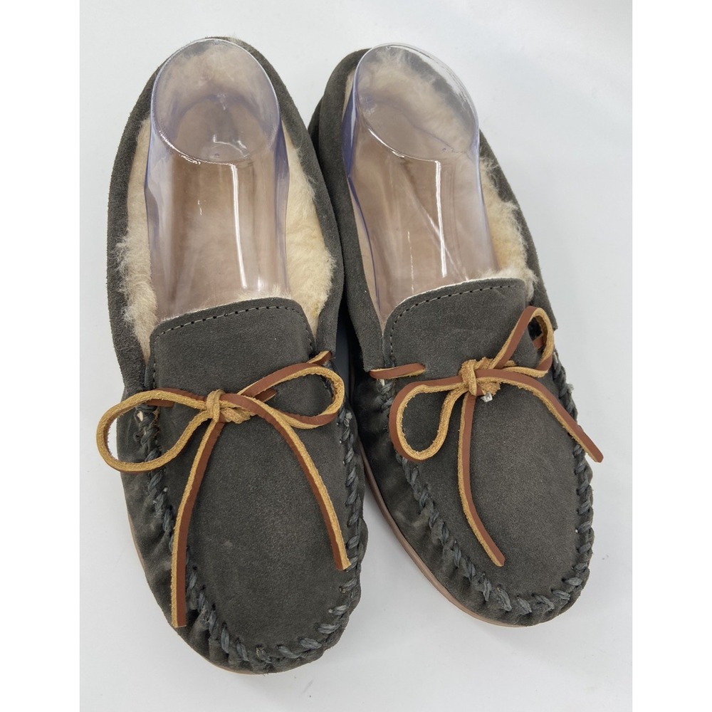 Minnetonka Gray Moccasins with Tan Laces